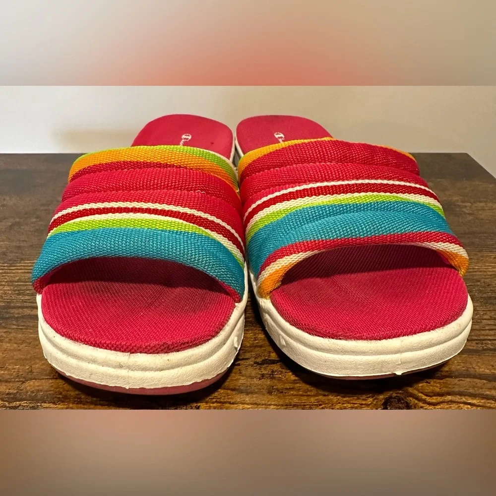 Champion Big Girls Pink and Multi Color Fabric Slide Sandals Size Big Gi…